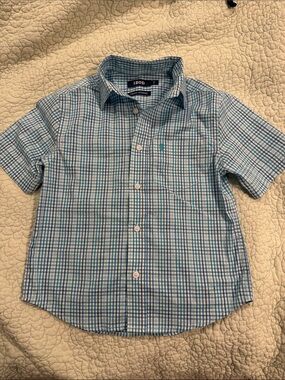 Izod Blue and White Plaid Short Sleeve Button-Down Shirt